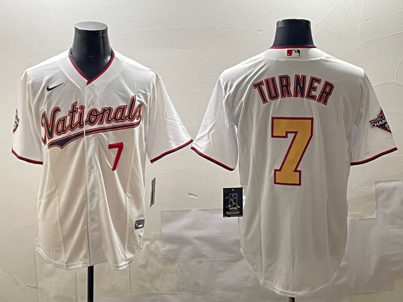 Men Washington Nationals #7 Turner White Gold Game 2025 Nike MLB Jersey style 1